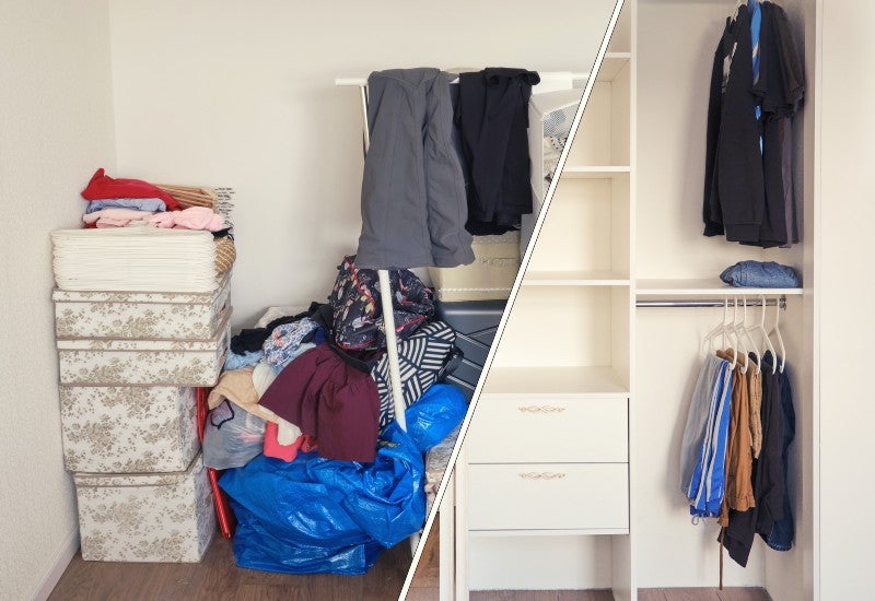 Organized closet with clothes & blue bag highlights built-in storage cabinets in Mountain View, CA.