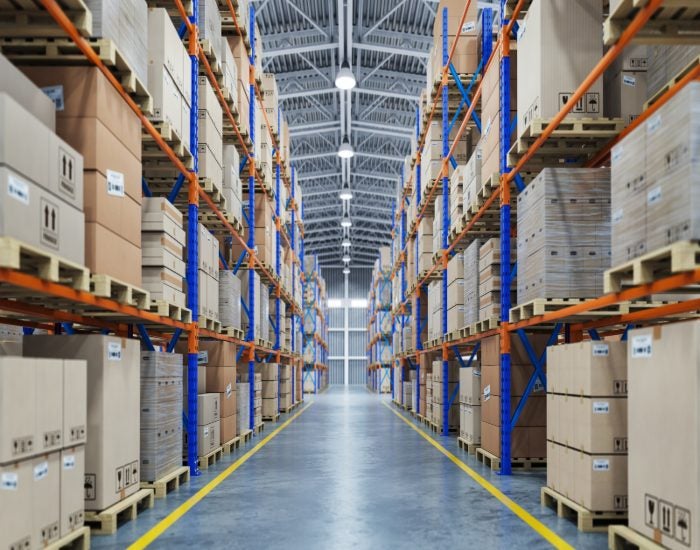 Indoor climate-controlled warehouse in Mountain View, CA, filled with boxes & organized shelves.