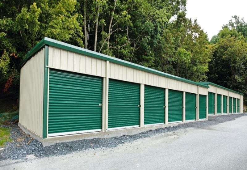 Drive-up access storage unit with green shutters in Mountain View, CA for self-storage rentals.