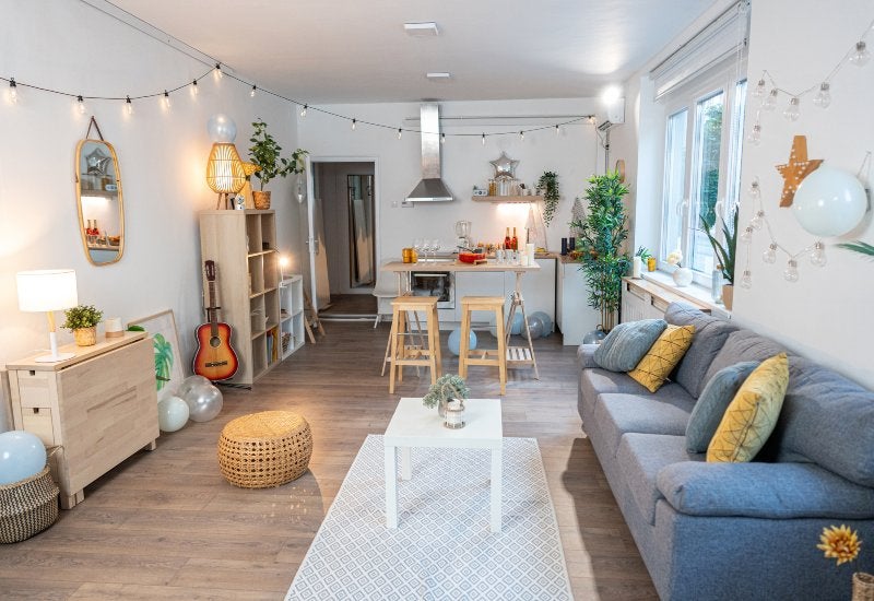 Stylish living room & kitchen with smart storage, ready for the holiday season in Mountain View, CA.