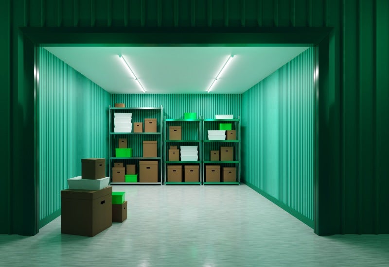Organized self-storage unit with shelves & boxes, ideal for commercial storage in Mountain View, CA