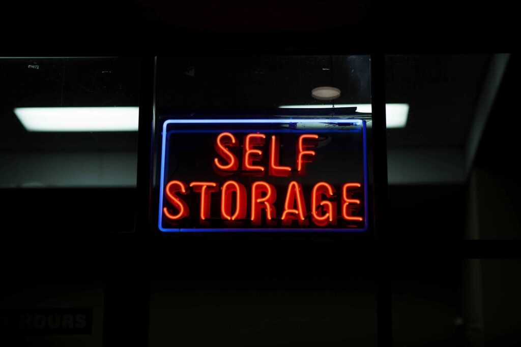 A neon sign for self-storage glowing at night, symbolizing storage solutions in Mountain View, CA