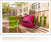 college campus pink backpack on a bench 